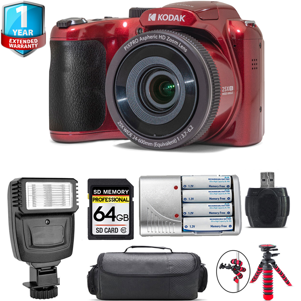 PIXPRO AZ255 Digital Camera (Red) + 1 Yr Warranty + Flash - 64GB Kit *FREE SHIPPING*