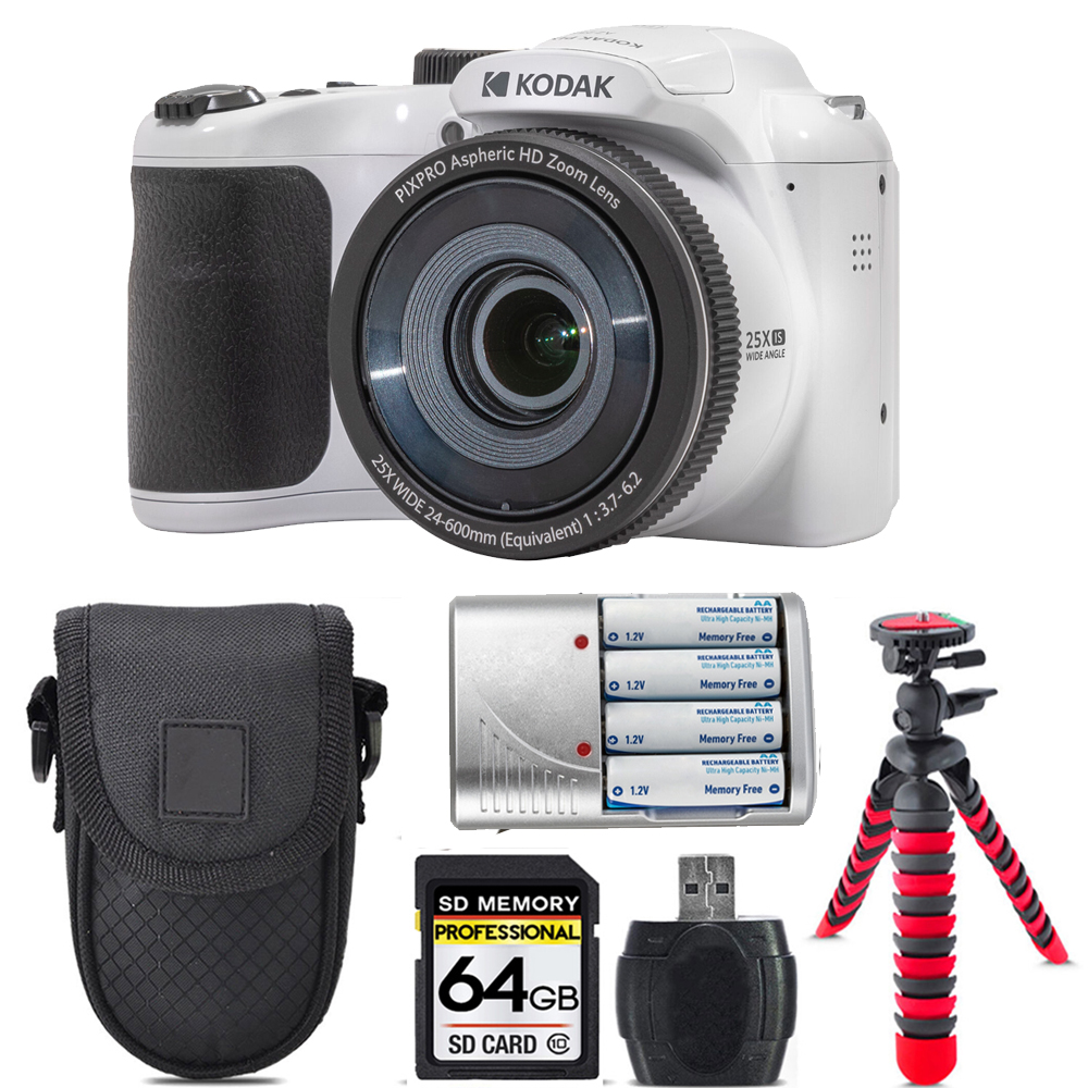 PIXPRO AZ255 Digital Camera (White) + Extra Battery +Tripod  + 64GB Kit *FREE SHIPPING*