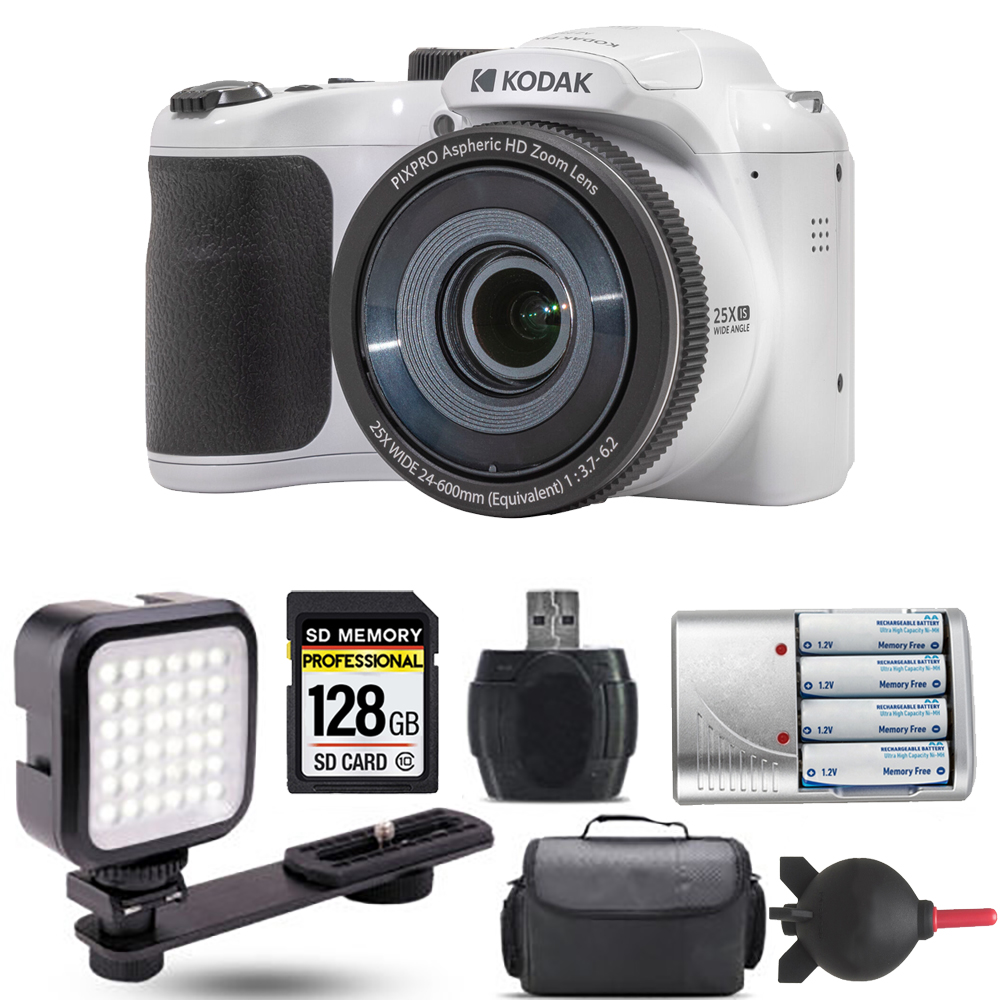 PIXPRO AZ255 Digital Camera (White) + Extra Battery + LED - 128GB Kit *FREE SHIPPING*