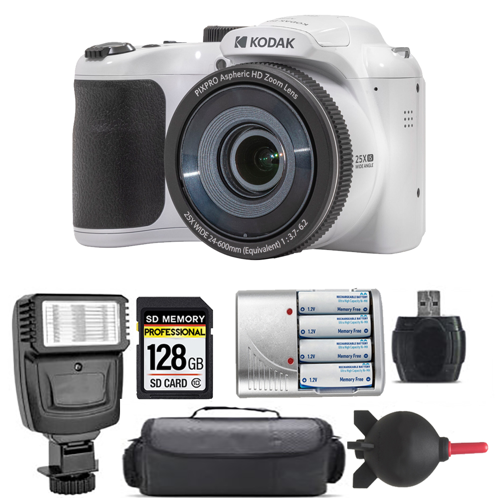 PIXPRO AZ255 Digital Camera (White) + Extra Battery + Flash - 128GB Kit *FREE SHIPPING*