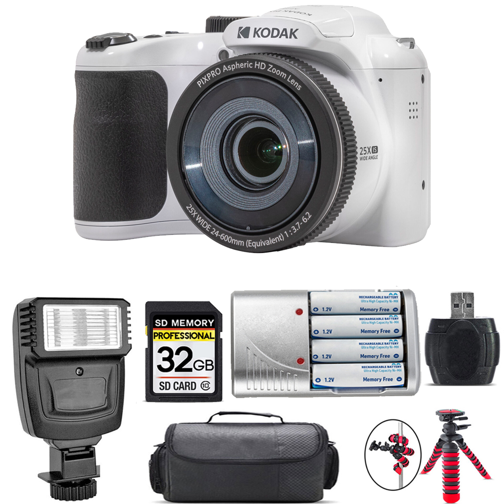 PIXPRO AZ255 Digital Camera (White) + Extra Battery + Flash - 32GB Kit *FREE SHIPPING*