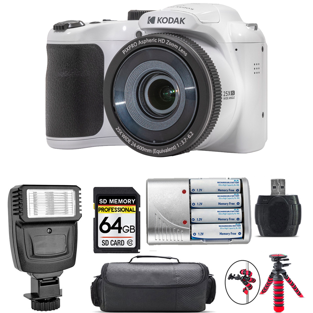 PIXPRO AZ255 Digital Camera (White) + Extra Battery + Flash - 64GB Kit *FREE SHIPPING*