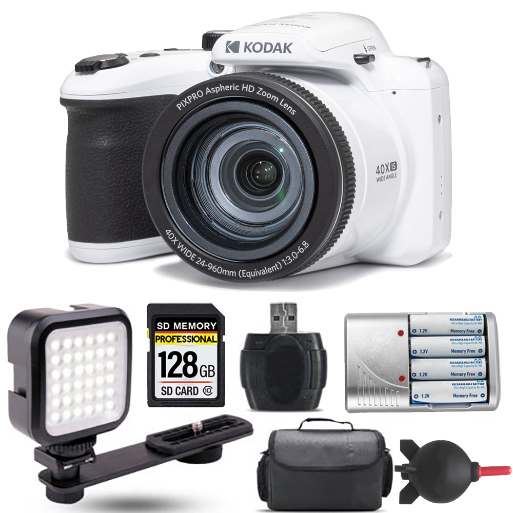 PIXPRO AZ405 Digital Camera (White) + Extra Battery + LED - 128GB Kit *FREE SHIPPING*