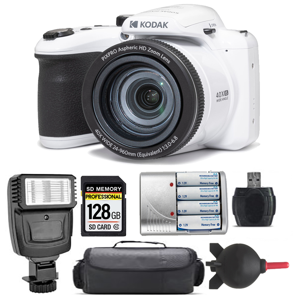 PIXPRO AZ405 Digital Camera (White) + Extra Battery + Flash - 128GB Kit *FREE SHIPPING*
