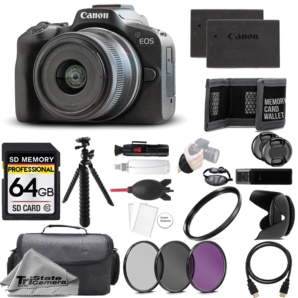 EOS R50 +18-45mm Lens+ EVF +64GB + Ext Bat+ 3 PC Filter- Kit *FREE SHIPPING*