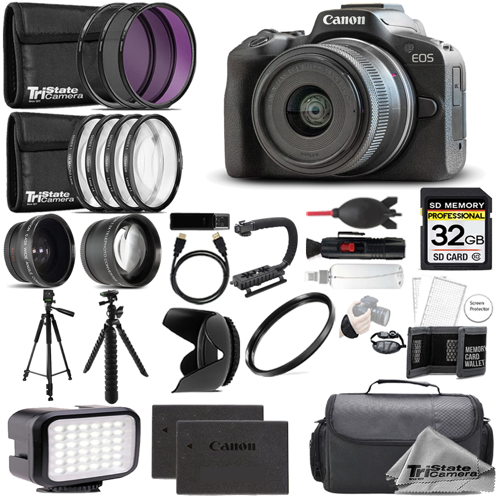 EOS R50 +18-45mm Lens+ EVF +32GB +Ext Bat+ 9 PC Filter-MEGA Kit *FREE SHIPPING*