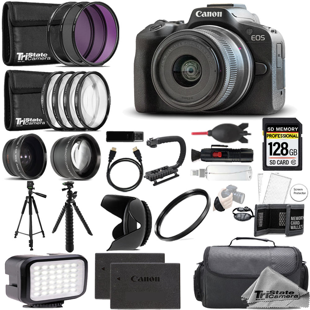 EOS R50 +18-45mm Lens+ EVF+ 128GB +Ext Bat+ 9 PC Filter MEGA Kit *FREE SHIPPING*