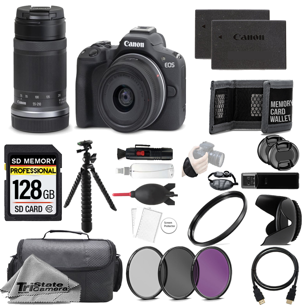 EOS R50 +18-45mm Lens+  55-210mm Lens 128GB +Ext Bat+ 3 PC Filter- Kit *FREE SHIPPING*