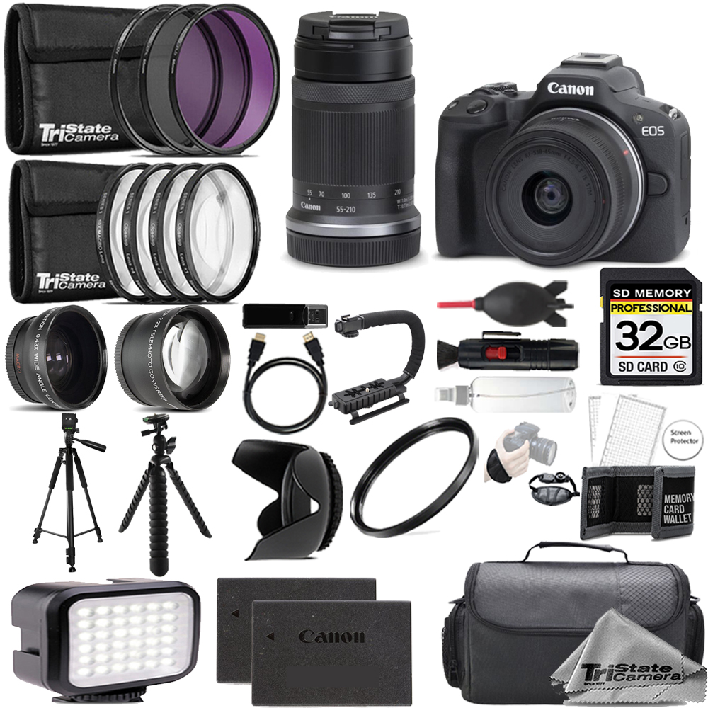 EOS R50 +18-45mm Lens+55-210mm Lens 32GB +Ext Bat+9 PC Filter-MEGA Kit *FREE SHIPPING*