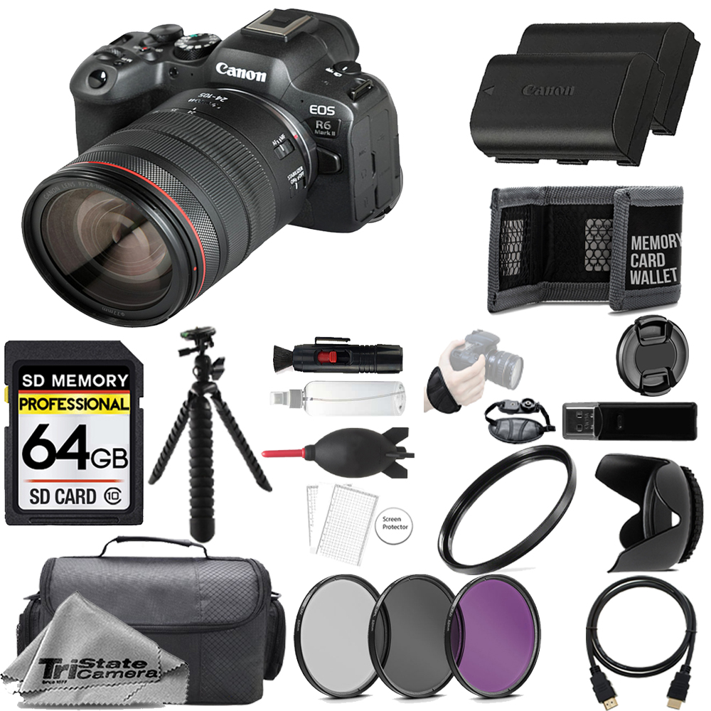 EOS R6 II Camera +24-105mm IS USM Lens +64GB + Ext Bat+ 3 PC Filter- Kit *FREE SHIPPING*