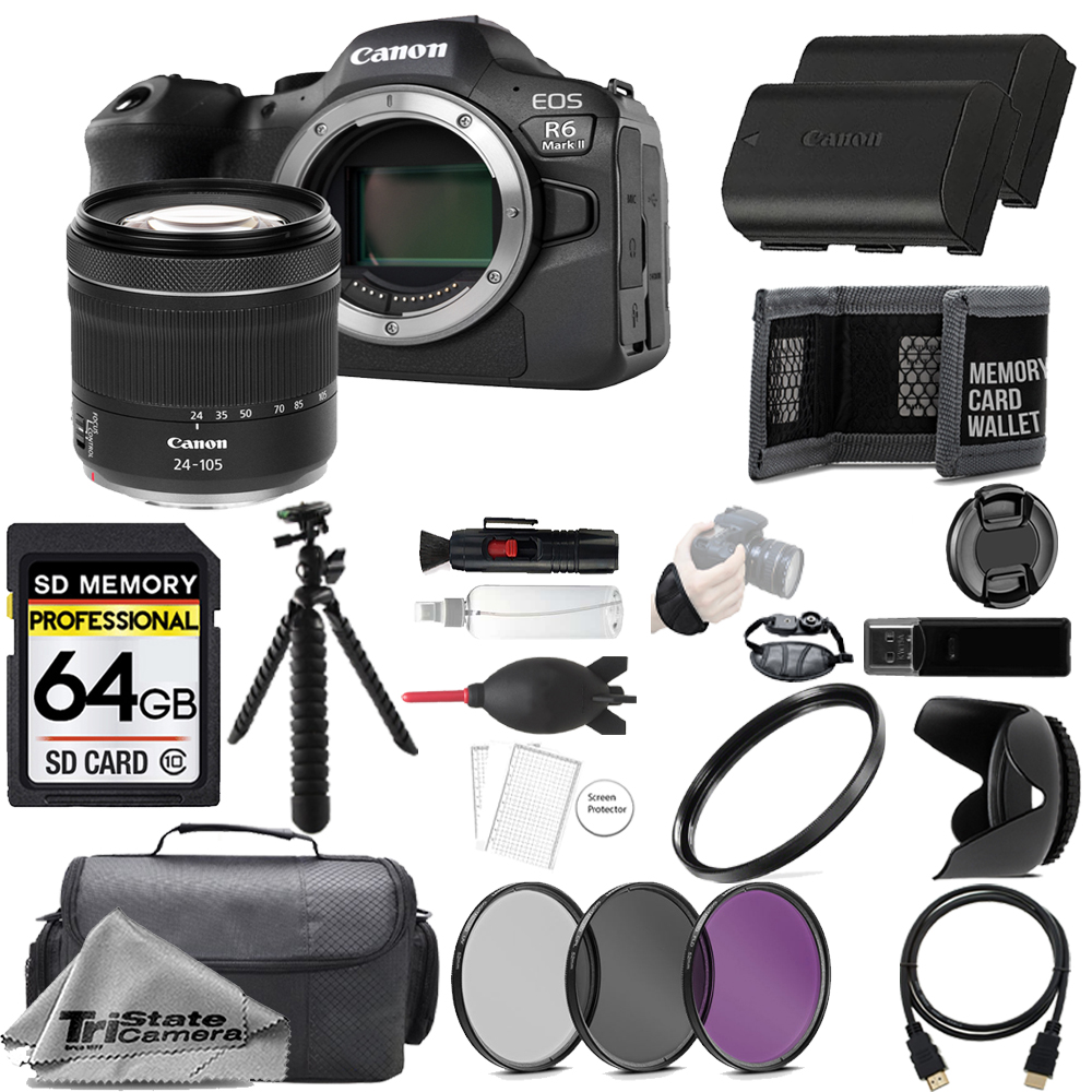 EOS R6 II Camera +24-105mm IS STM Lens +64GB + Ext Bat+ 3 PC Filter- Kit *FREE SHIPPING*