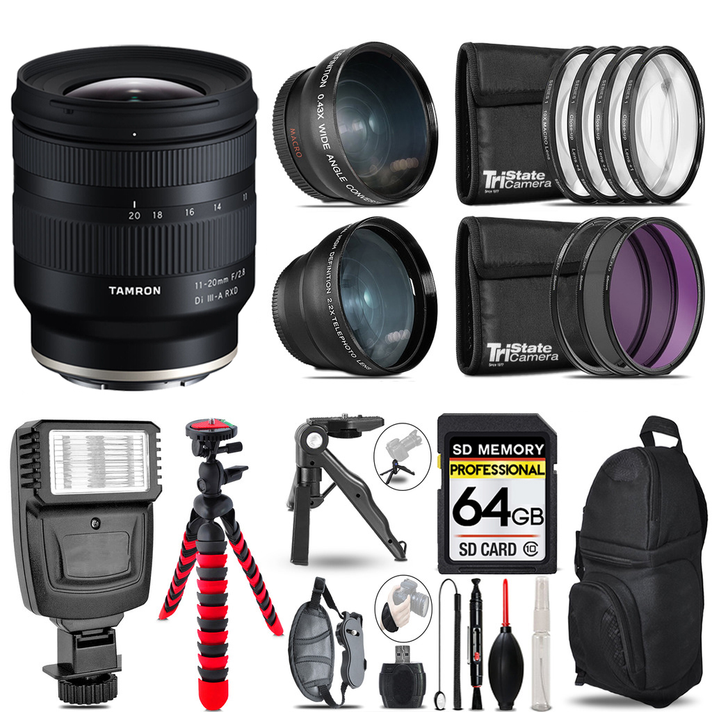 11-20mm f/2.8 Di III-A RXD Lens for 3 Lenses+Flash +Tripod -64GB Kit *FREE SHIPPING*