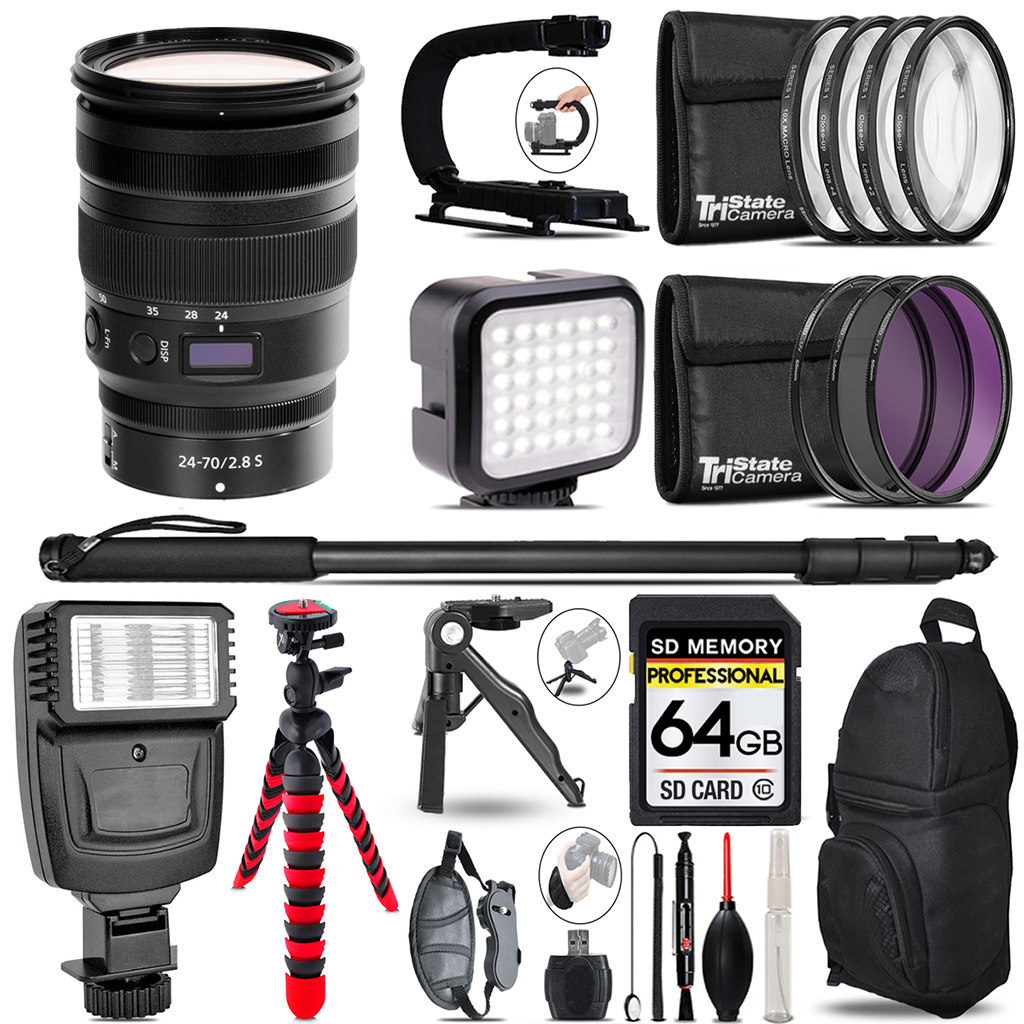 NIKKOR Z 24-70mm f/2.8 S Lens - Video Kit +Slave Flash +Monopad - 64GB Kit *FREE SHIPPING*