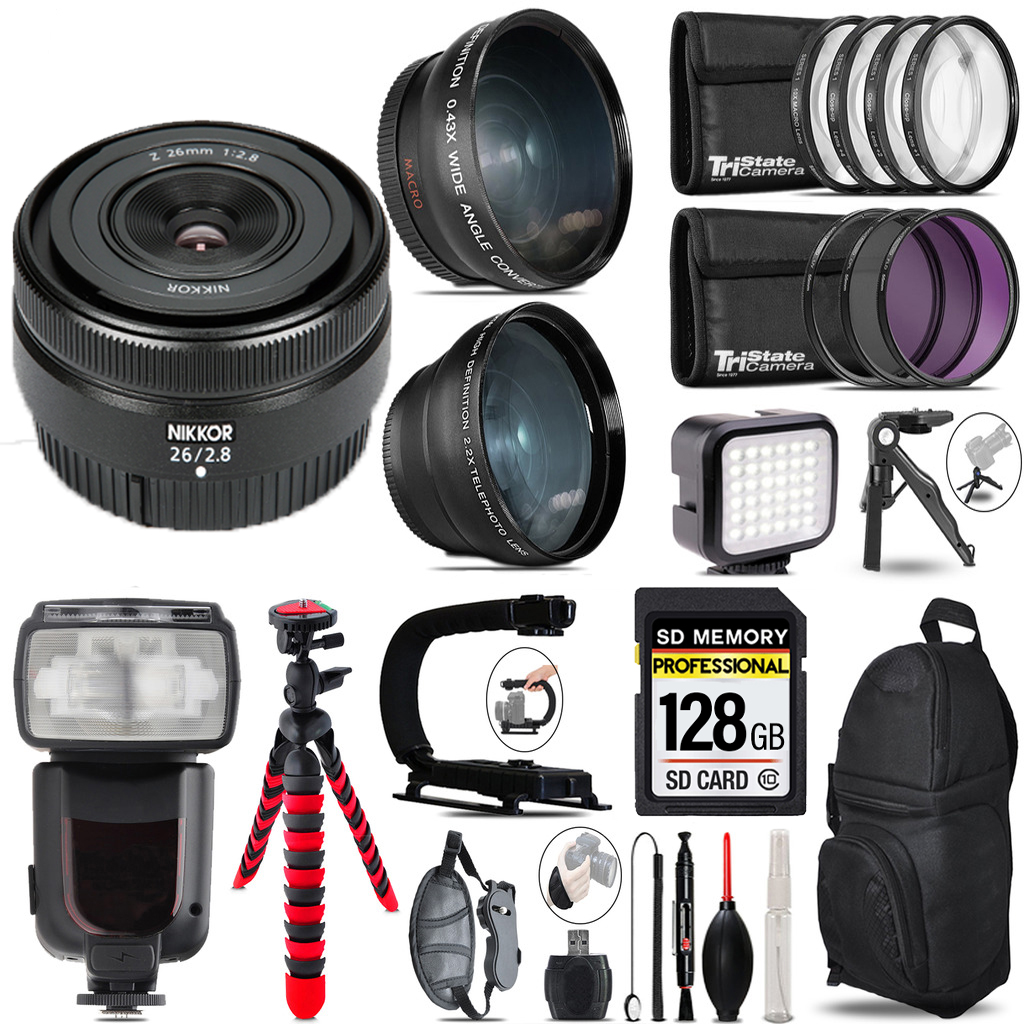 NIKKOR Z 26mm f/2.8 Lens+ Pro Flash + LED Light + Tripod - 128GB Kit *FREE SHIPPING*