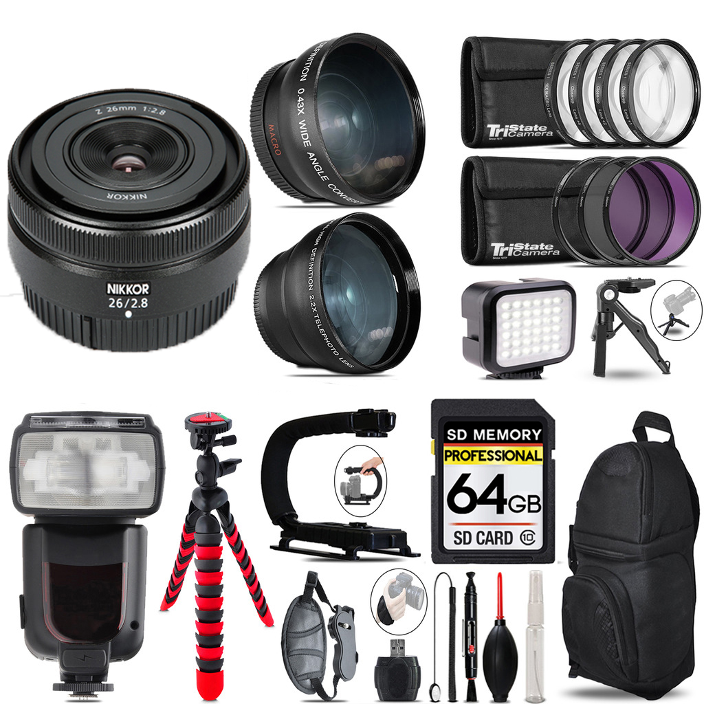 NIKKOR Z 26mm f/2.8 Lens+ Pro Flash + LED Light + Tripod - 64GB Kit *FREE SHIPPING*
