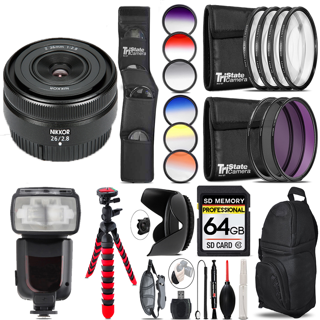NIKKOR Z 26mm f/2.8 Lens+ Canon Speedlight - 64GB Accessory Kit *FREE SHIPPING*