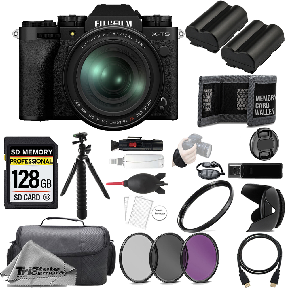 FUJIFILM | X-T5 Camera w/ 16-80mm Lens (Black) +128GB + Ext Bat+ 3