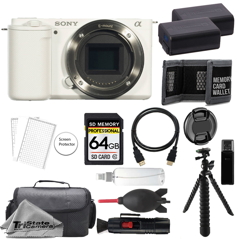 ZV-E10 Camera Body (White) + 64GB +Extra Battery+ Tripod- Accessory Kit *FREE SHIPPING*