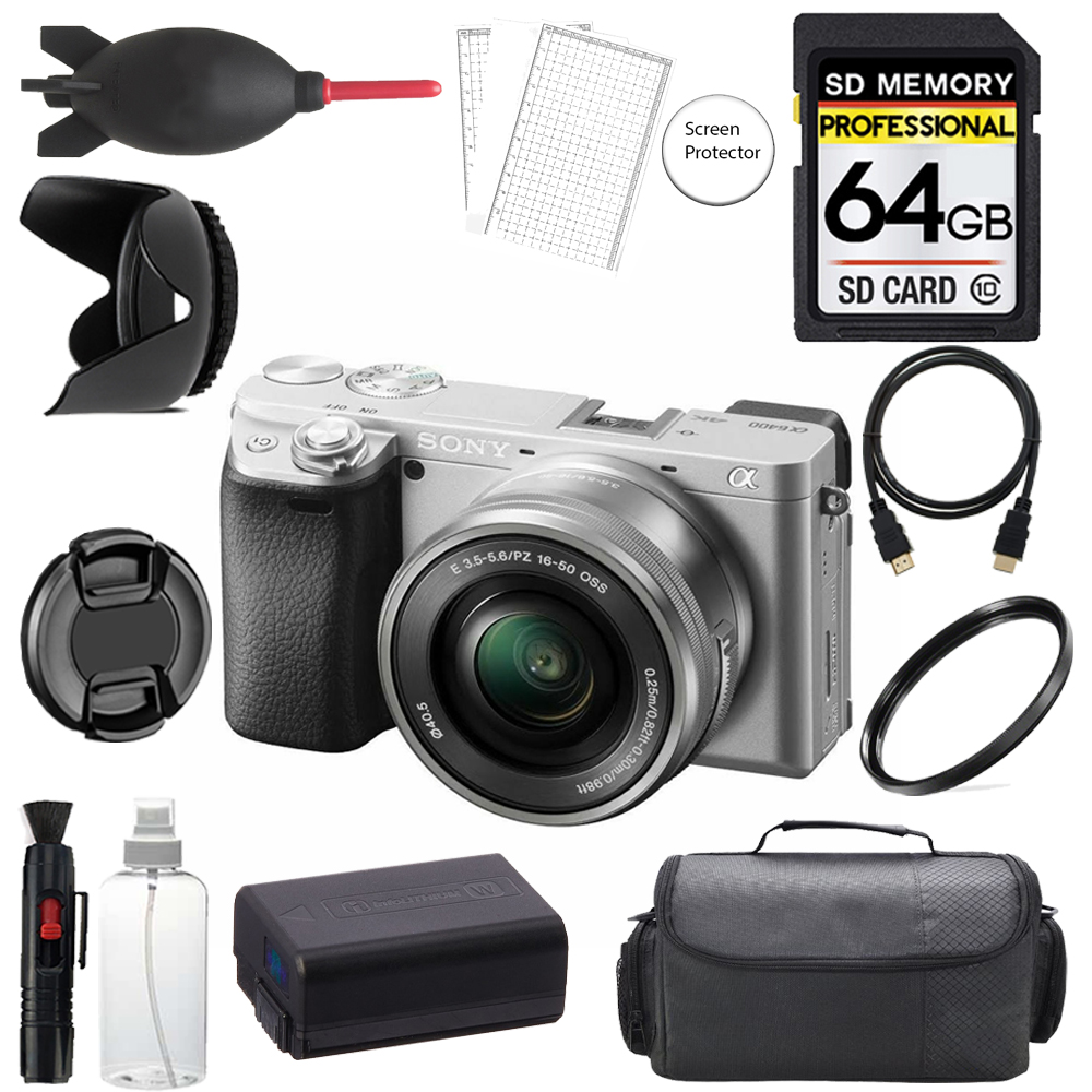 Alpha a6400 Camera w/ 16-50mm Lens (Silver) +64GB +Bag+UV Filter- Basic Kit *FREE SHIPPING*