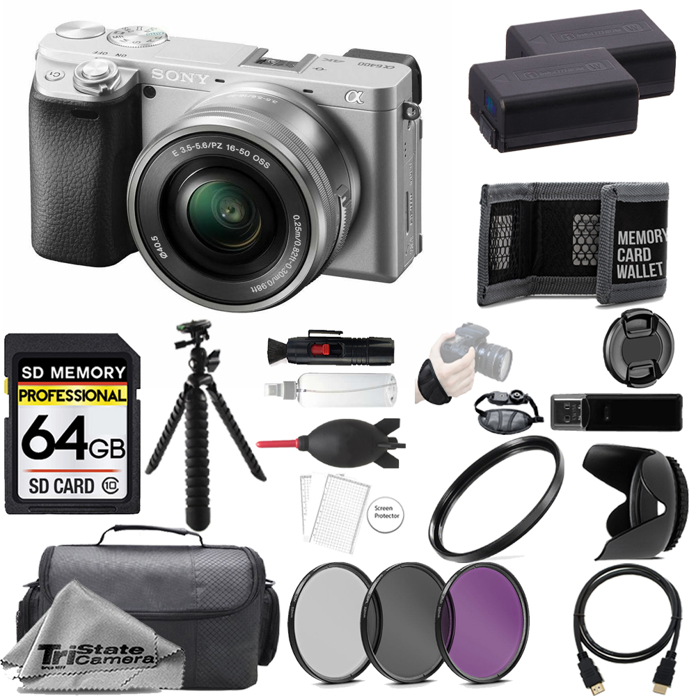 Alpha a6400 Camera w/ 16-50mm Lens (Silver) +64GB + Ext Bat+3 PC Filter-Kit *FREE SHIPPING*