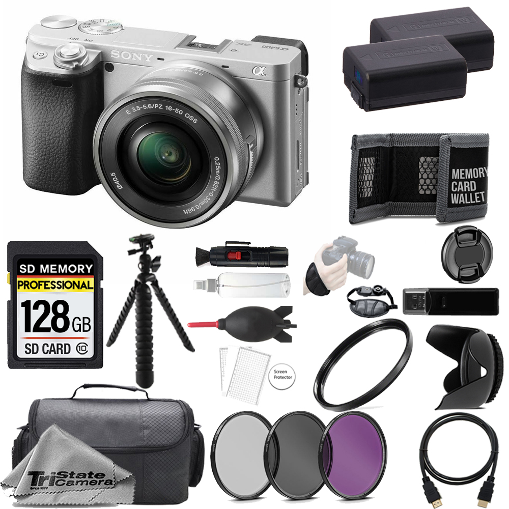 Alpha a6400 Camera w/ 16-50mm Lens (Silver) +128GB+Ext Bat+ 3 PC Filter-Kit *FREE SHIPPING*