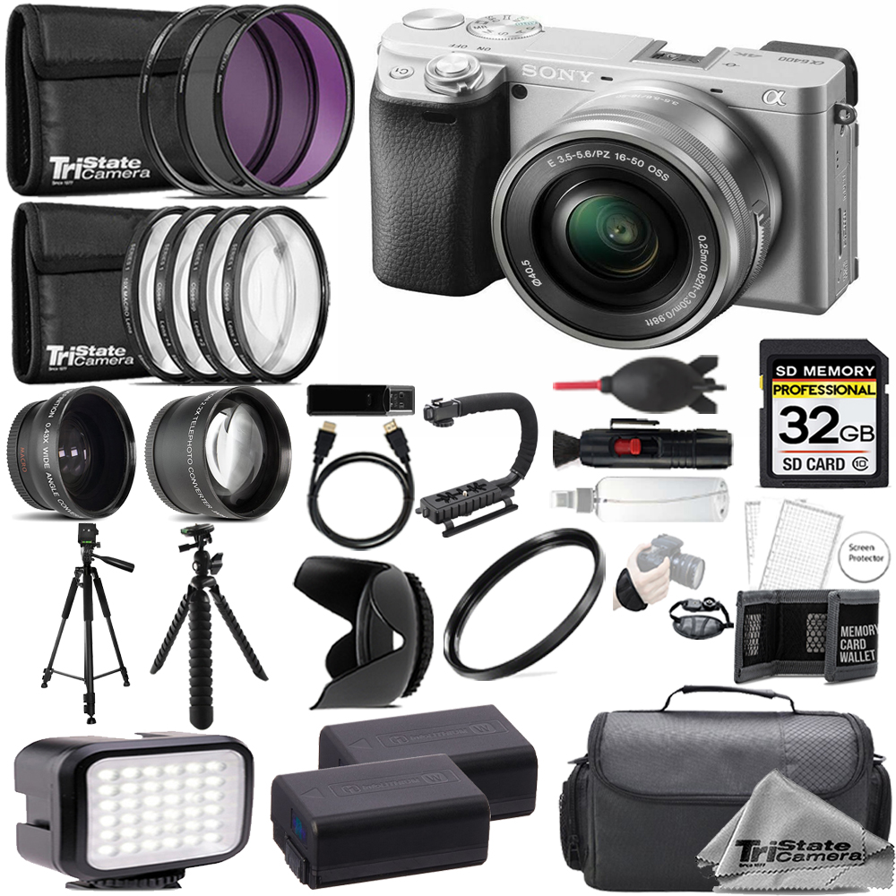 Alpha a6400 Camera w/ 16-50mm Lens (Silver) +32GB +Ext Bat+ 9 PC Filter-Kit *FREE SHIPPING*