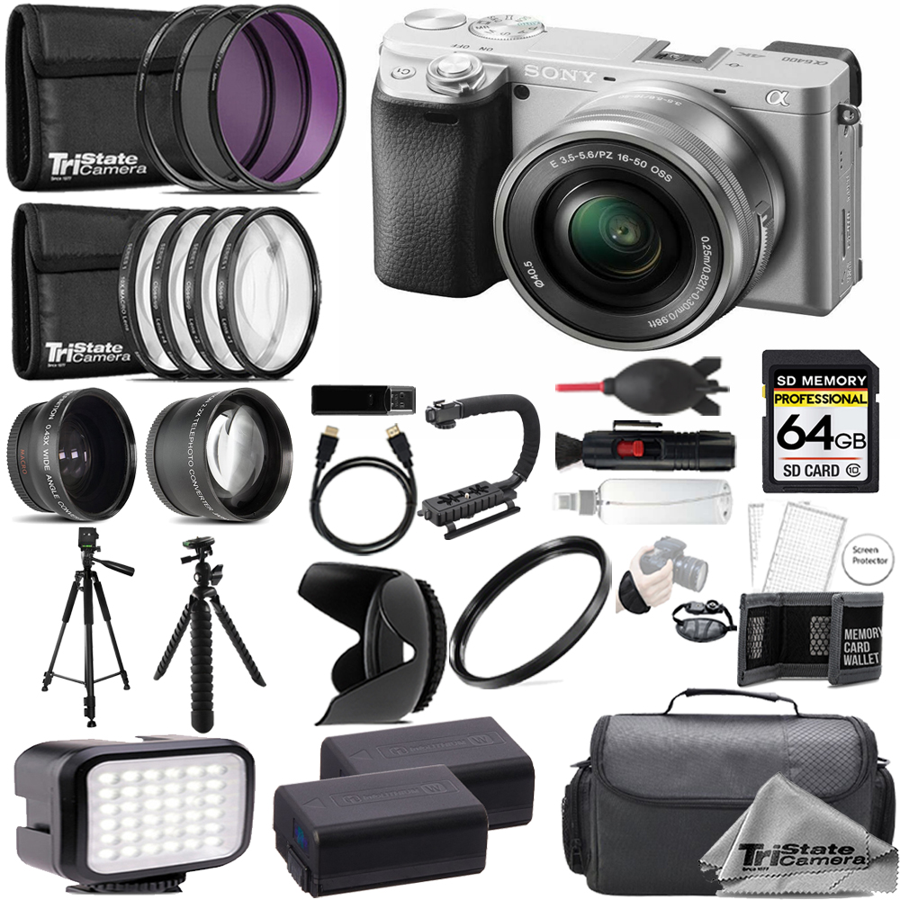 Alpha a6400 Camera w/ 16-50mm Lens (Silver) +64GB +Ext Bat+ 9 PC Filter-Kit *FREE SHIPPING*