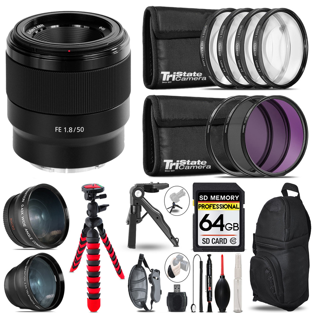 FE 50mm f/1.8 Lens -3 Lens Kit + Tripod +Backpack -64GB Kit *FREE SHIPPING*