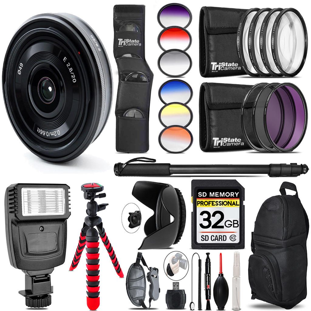 E 20mm f/2.8 Lens + Flash + Color Filter Set - 32GB Accessory Kit *FREE SHIPPING*