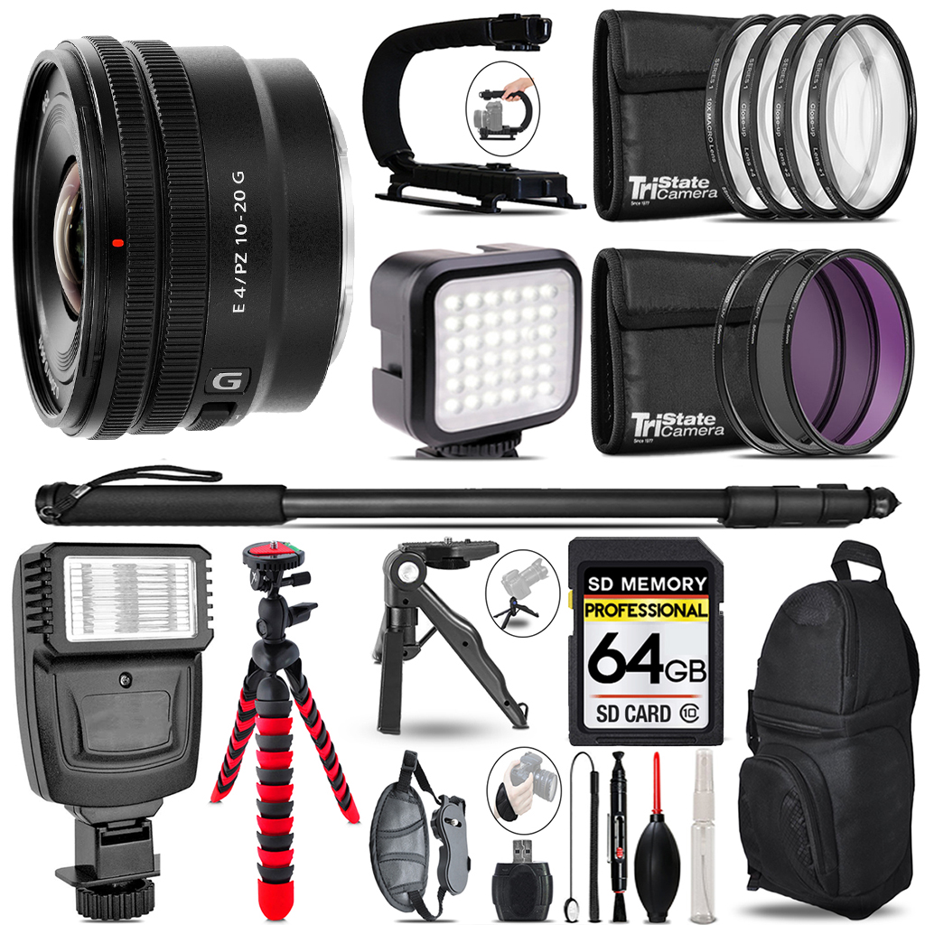 E 10-20mm f/4 PZ G Lens - Video Kit + Flash + Monopad - 64GB Kit *FREE SHIPPING*
