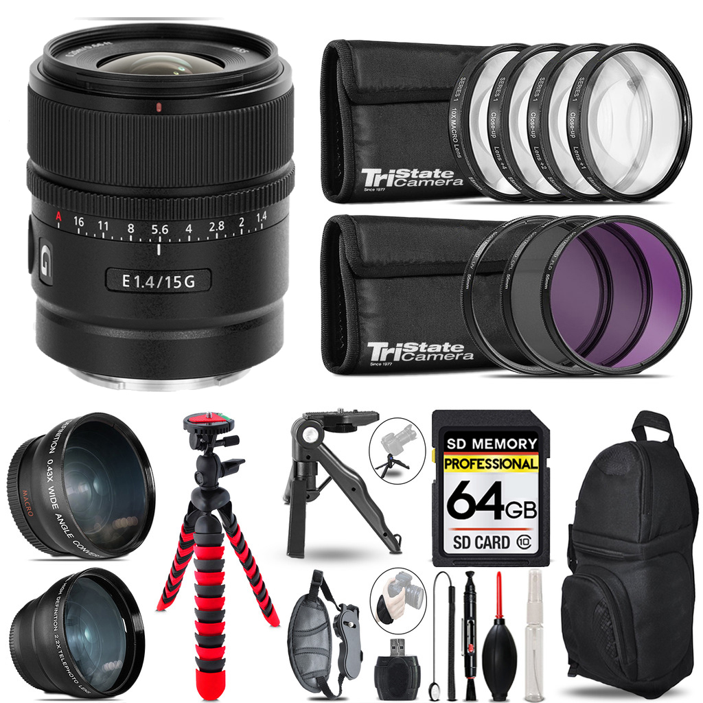 E 15mm f/1.4 G Lens - 3 Lens Kit + Tripod + Backpack -64GB Accessory Bundle *FREE SHIPPING*