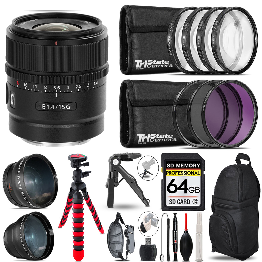 E 15mm f/1.4 G Lens - 3 Lens Kit + Tripod + Backpack -64GB Accessory Bundle *FREE SHIPPING*