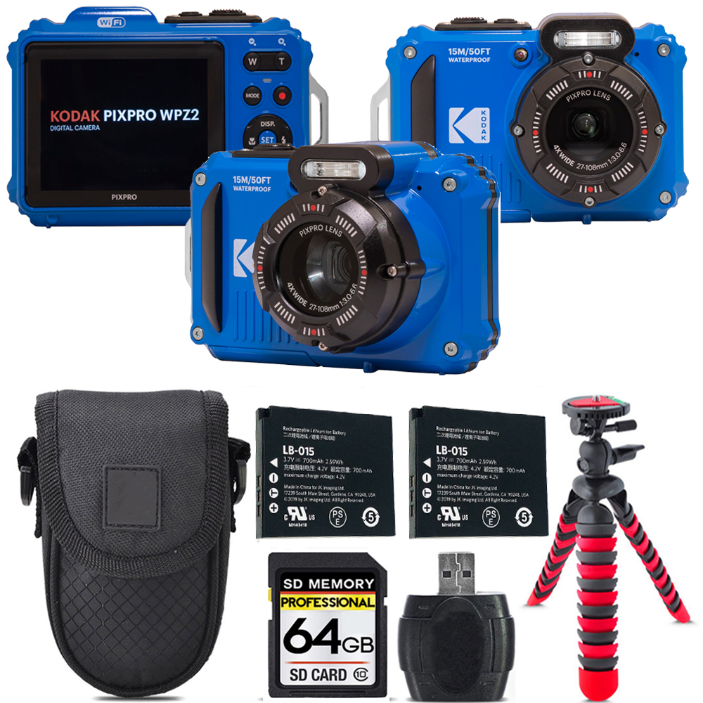 PIXPRO WPZ2 Digital Camera (Blue) + Extra Battery +Tripod  + 64GB Kit *FREE SHIPPING*