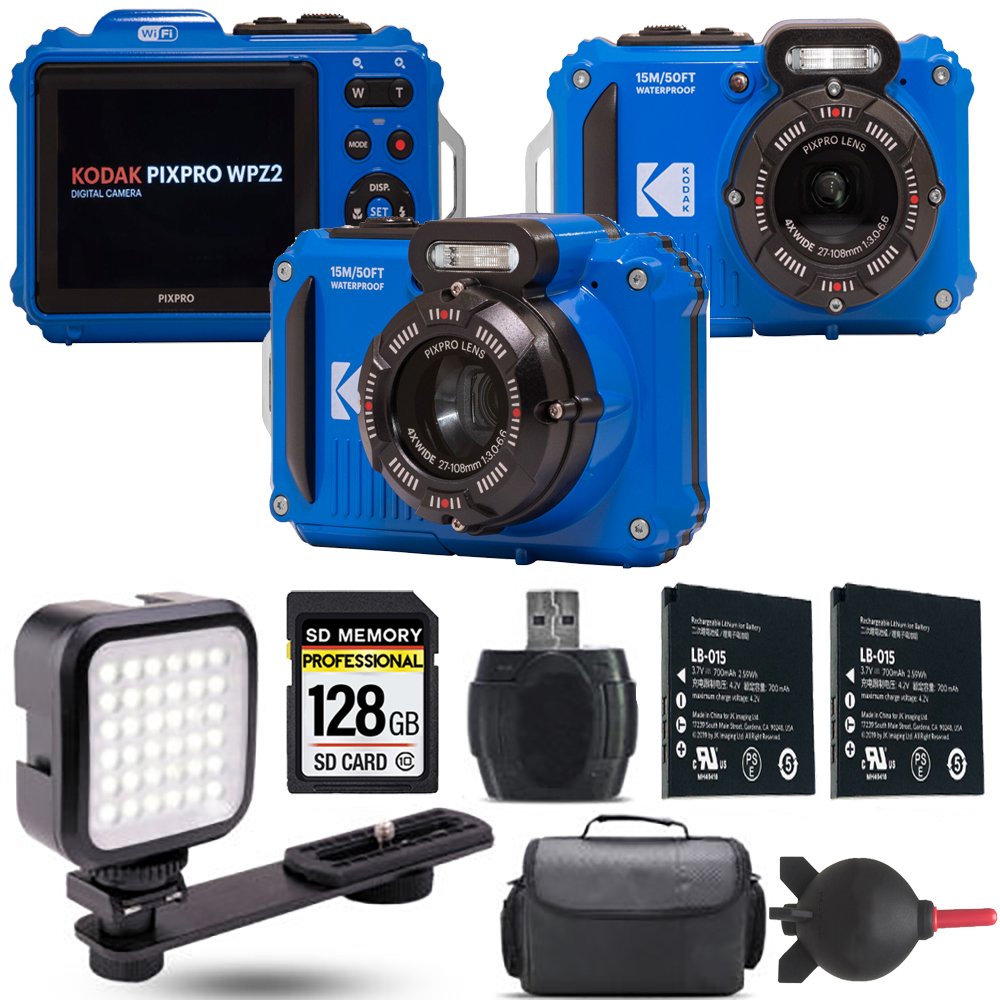 PIXPRO WPZ2 Digital Camera (Blue) + Extra Battery + LED - 128GB Kit *FREE SHIPPING*
