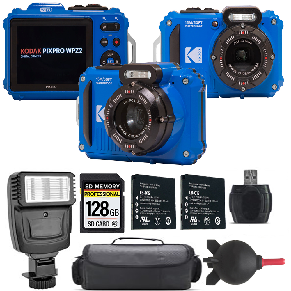 PIXPRO WPZ2 Digital Camera (Blue) + Extra Battery + Flash - 128GB Kit *FREE SHIPPING*