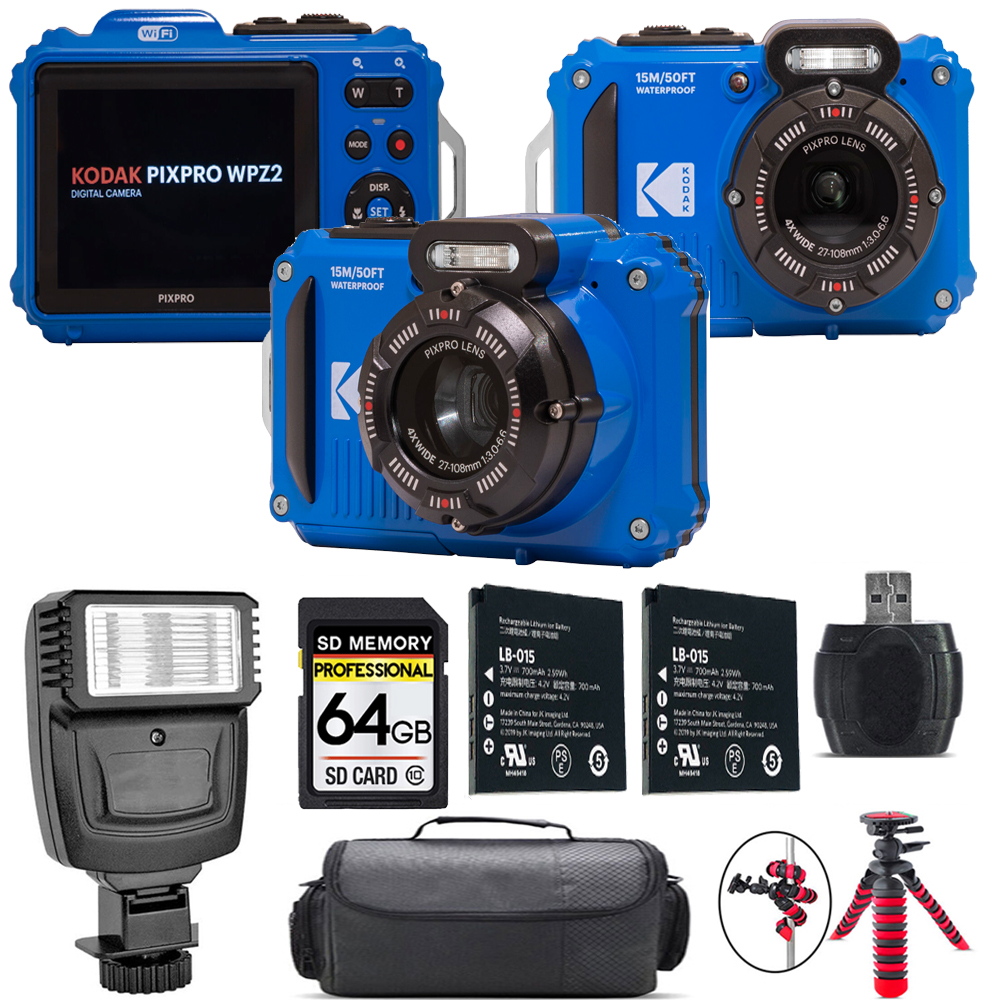 PIXPRO WPZ2 Digital Camera (Blue) + Extra Battery + Flash - 64GB Kit *FREE SHIPPING*