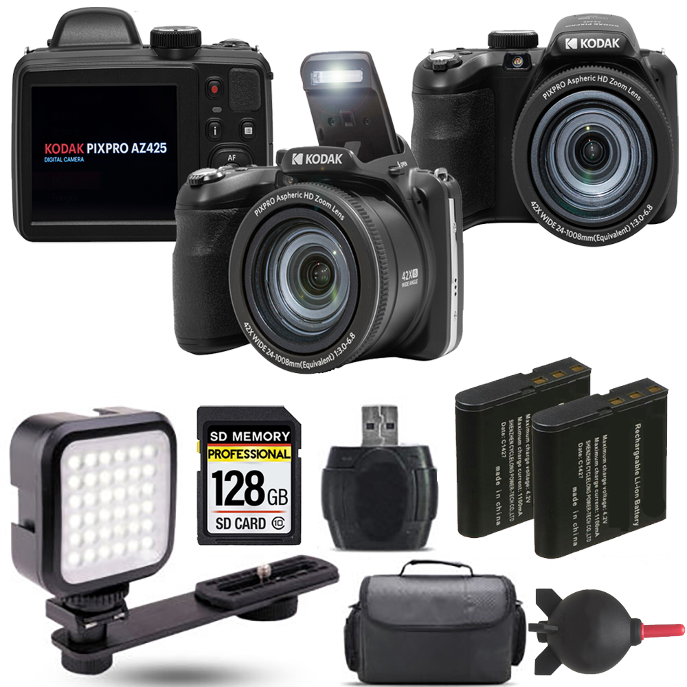 PIXPRO AZ425 Digital Camera (Black) + Extra Battery + LED - 128GB Kit *FREE SHIPPING*