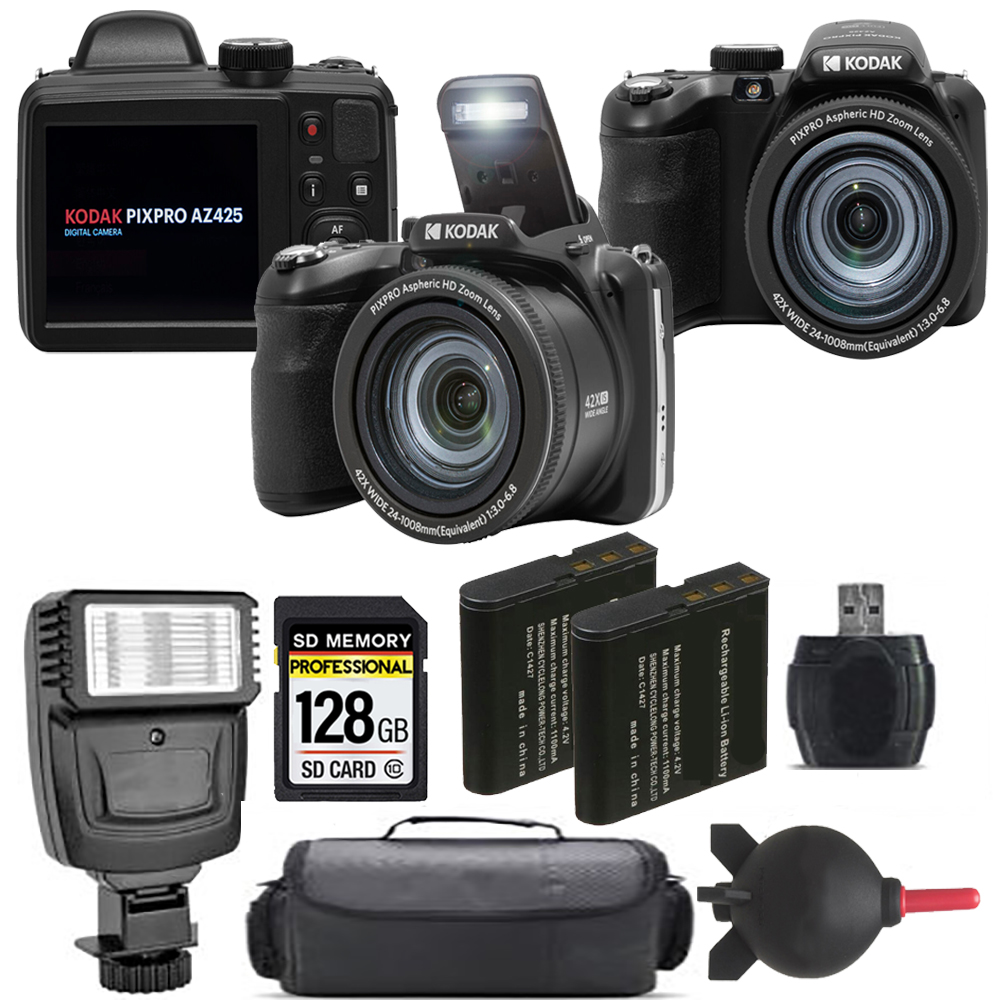 PIXPRO AZ425 Digital Camera (Black) + Extra Battery + Flash - 128GB Kit *FREE SHIPPING*