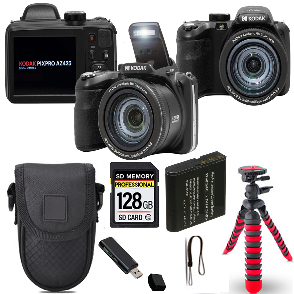 PIXPRO AZ425 Digital Camera (Black)+ Spider Tripod + Case - 128GB Kit *FREE SHIPPING*