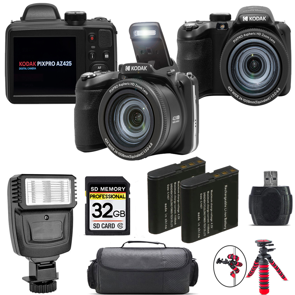 PIXPRO AZ425 Digital Camera (Black) + Extra Battery + Flash - 32GB Kit *FREE SHIPPING*