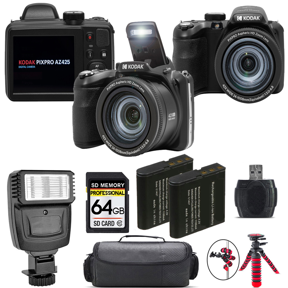 PIXPRO AZ425 Digital Camera (Black) + Extra Battery + Flash - 64GB Kit *FREE SHIPPING*