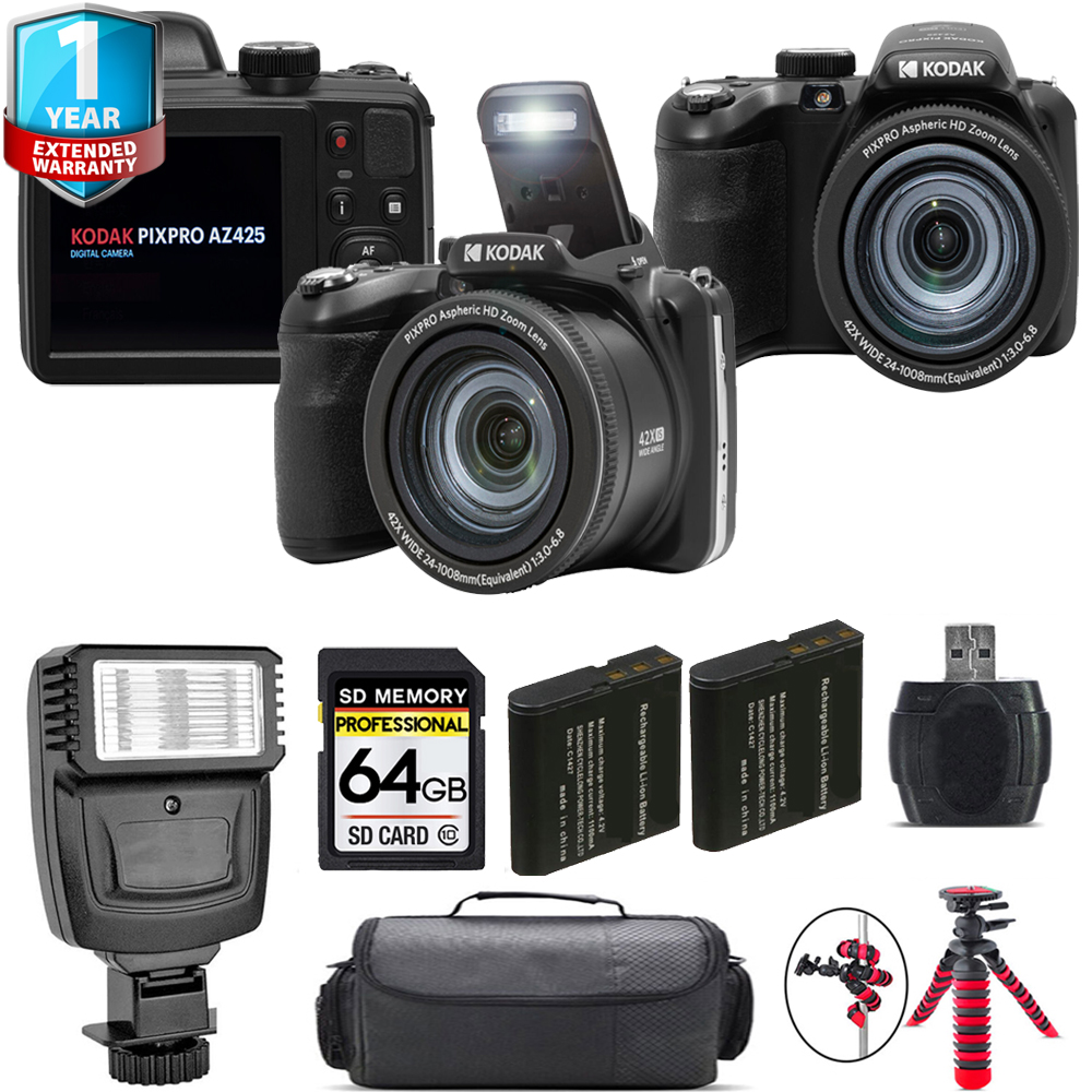 PIXPRO AZ425 Digital Camera (Black) + 1 Yr Warranty + Flash - 64GB Kit *FREE SHIPPING*