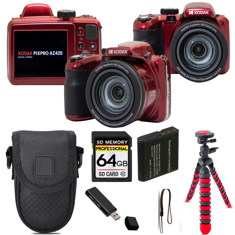 PIXPRO AZ425 Digital Camera (Red) + Tripod + Case - 64GB Kit *FREE SHIPPING*