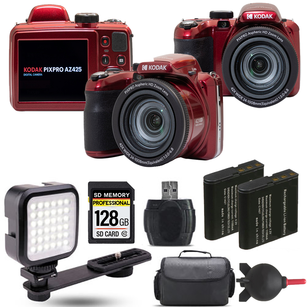 PIXPRO AZ425 Digital Camera (Red) + Extra Battery + LED - 128GB Kit *FREE SHIPPING*