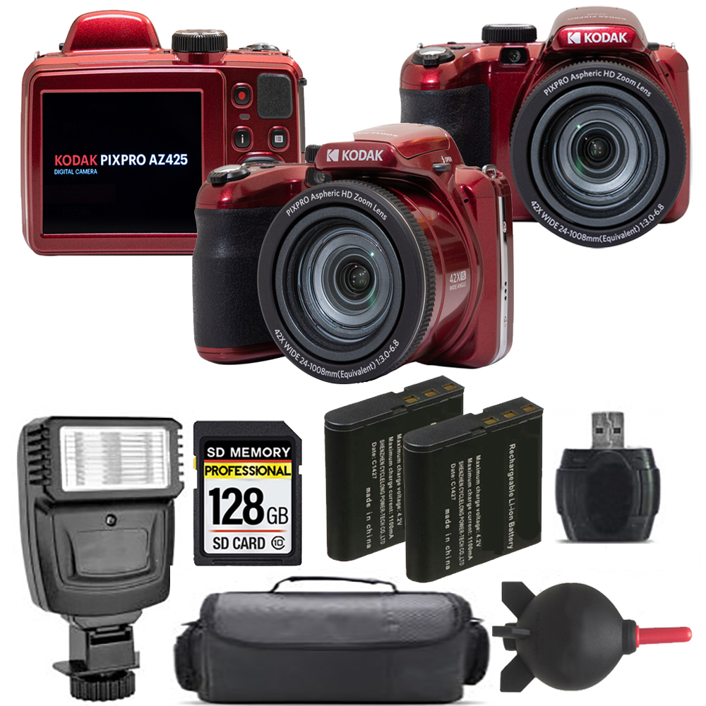 PIXPRO AZ425 Digital Camera (Red) + Extra Battery + Flash - 128GB Kit *FREE SHIPPING*