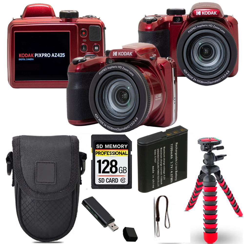PIXPRO AZ425 Digital Camera (Red)+ Spider Tripod + Case - 128GB Kit *FREE SHIPPING*