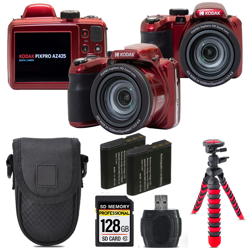PIXPRO AZ425 Digital Camera (Red) +Extra Battery +Tripod +Case-128GB Kit *FREE SHIPPING*