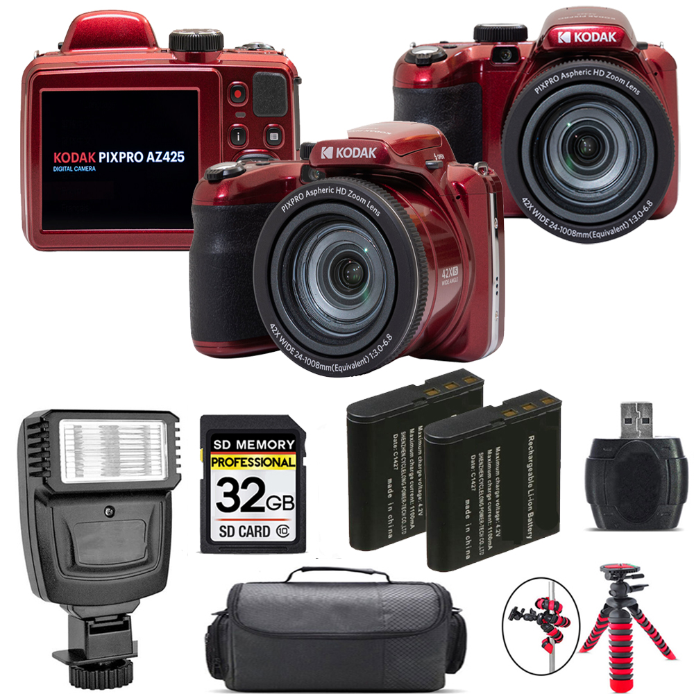 PIXPRO AZ425 Digital Camera (Red) + Extra Battery + Flash - 32GB Kit *FREE SHIPPING*