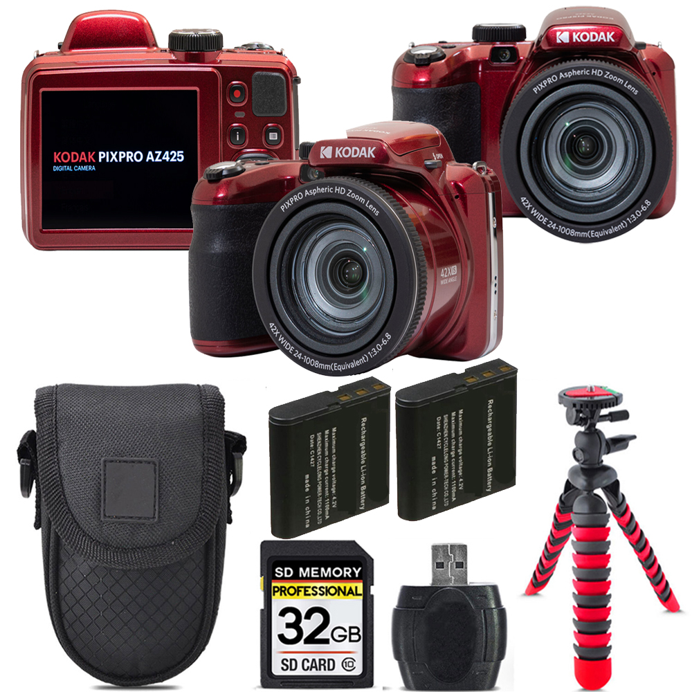 PIXPRO AZ425 Digital Camera (Red) +Extra Battery +Tripod +Case -32GB Kit *FREE SHIPPING*