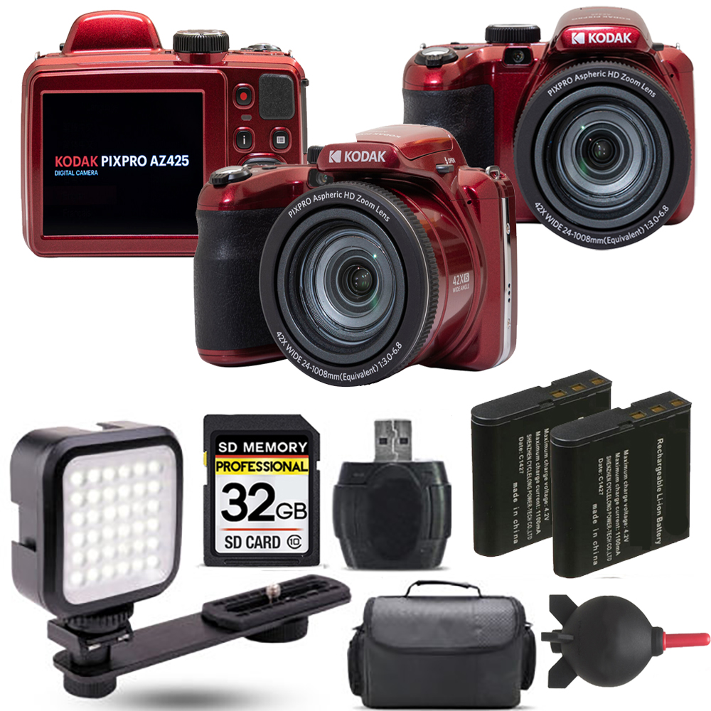 PIXPRO AZ425 Digital Camera (Red)+ Extra Battery + LED - 32GB Kit *FREE SHIPPING*